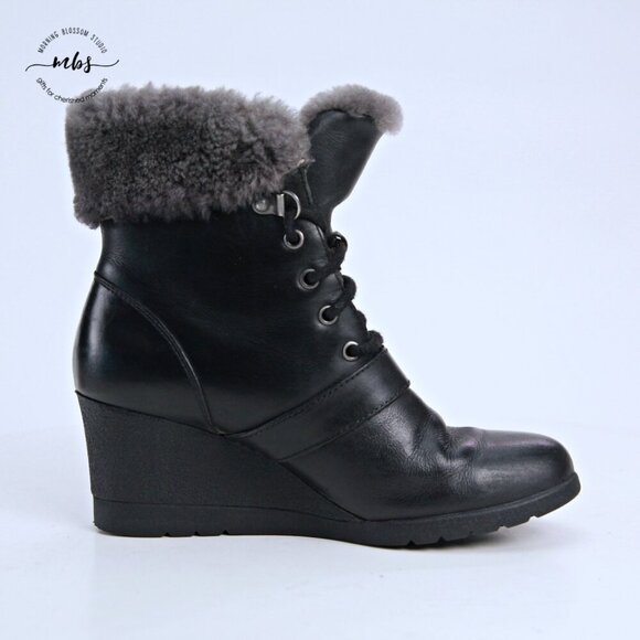 UGG Janney Waterproof Fur Wedge Boots Black Women 5 - Picture 8 of 13